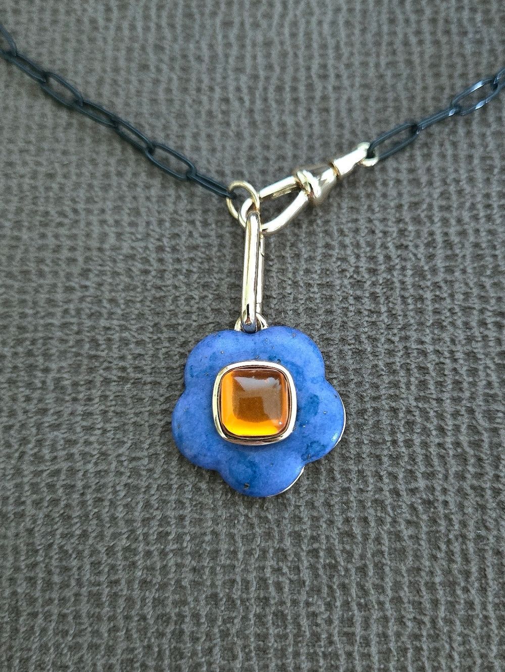Blue💙 Flower🏵 Pendant Necklace on Black🖤 Paperclip📎 Chain⛓️ - NWOT